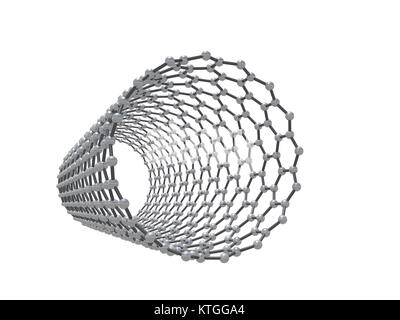 Carbon nanotubes molecule structure, atoms of carbon in wrapped hexagonal lattice isolated on white background, 3d render Stock Photo