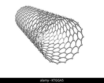 Carbon nanotubes molecular structure, atoms of carbon in wrapped hexagonal lattice isolated on white background, 3d render illustration Stock Photo