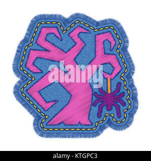 Halloween tree and spider embroidery design. Print vector color graphic illustration. Decorative element for needlework, patch, badge, sticker, web. P Stock Vector