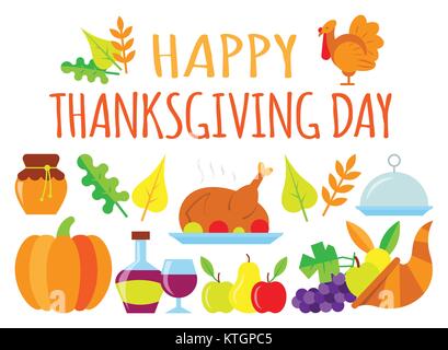 Colored Happy Thanksgiving day card with greeting lettering. Food for thanksgiving dinner. Wishes text with decorations of bird, leaves and gifts of n Stock Vector