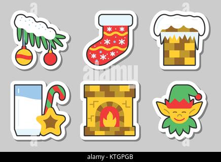 Christmas, New Year icon sticker set isolated Vector illustration flat style color patch element collection for badge, web, banner, print, tag, label, Stock Vector