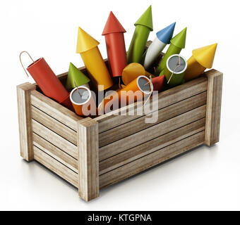 Fireworks standing inside wooden crate. 3D illustration. Stock Photo