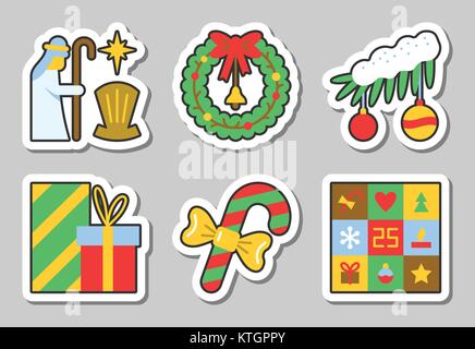 Christmas, New Year icon sticker set isolated Vector illustration flat style color patch element collection for badge, web, banner, print, tag, label, Stock Vector