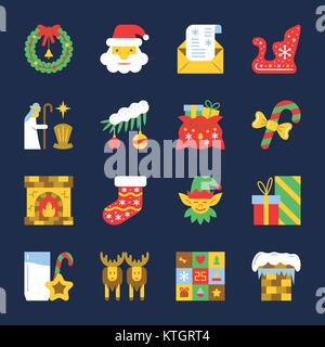 Colorful Cristmas icon set. New year flat design symbol collection. Color concept for web, card, print, tag, poster, banner, flyer, office, business s Stock Vector