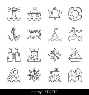 Nautical thin line icon set. Marine linear symbol pack. Outline navigation, captain, accessories of navy, ship sign. Editable stroke simple flat desig Stock Vector