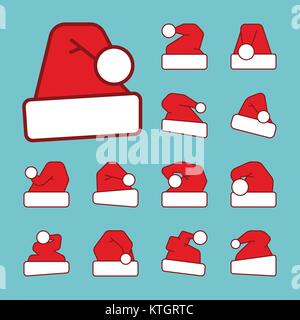Santa hat outline with red color fill icon set. Vector linear symbol pack.  Editable stroke christmas holidays clothes sign. Xmass simple vector illus Stock Vector