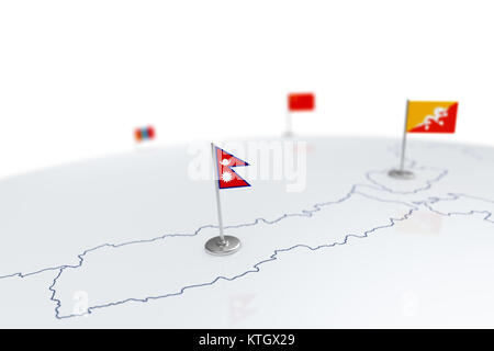 Nepal flag. Country flag with chrome flagpole on the world map with neighbors countries borders. 3d illustration rendering flag Stock Photo