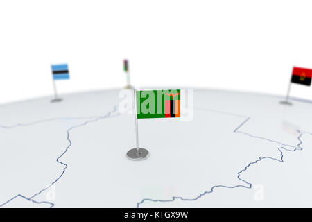 3D illustration of flag of Zambia with chrome flag pole with snap hooks ...