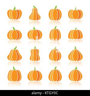 Halloween pumpkin color silhouette with reflection icon set. Colorful flat design symbol collection. Simple graphic pictogram pack. Web, tag, card, bu Stock Vector