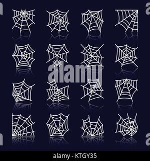 Spider web white thin line with reflection icon set. Cobweb vector isolated linear symbol pack. Spiderweb outline sign. Simple pictogram graphic colle Stock Vector