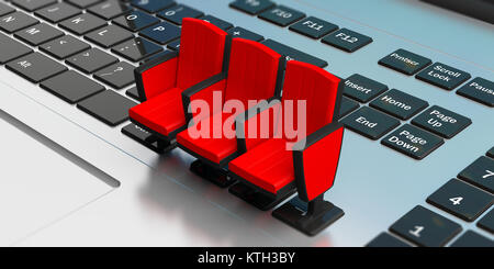 Live streaming video watching concept. Red theater chairs on computer keyboar. 3d illustration Stock Photo