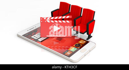 Cinema, movie and home video concept. Cinema movie clapper board, theater chairs and a mobile phone isolated on white background. 3d illustration Stock Photo