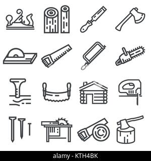 Carpentry wood work tools and equipment line icons set isolated vector illustration Stock Vector