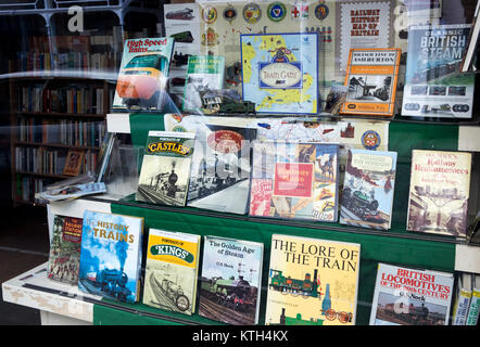 Oxfam secondhand book shop displaying railway themed publications Stock Photo
