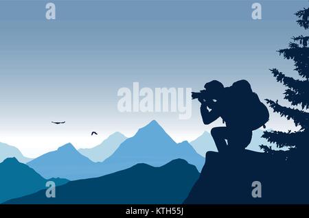 panoramic view of a mountain landscape with mist in a valley with a touring photographer under a blue sky - vector Stock Vector