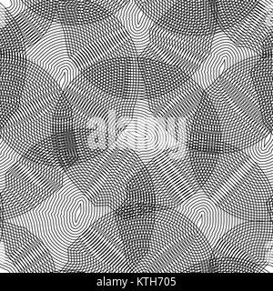 Vector monochrome seamless pattern, curved lines, black white background. Abstract dynamical rippled surface, visual halftone 3D effect, illusion of movement, curvature. Design for tileable print Stock Vector
