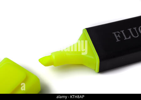 Yellow Highlighter Pen and Matching Lid on White Background Stock Photo