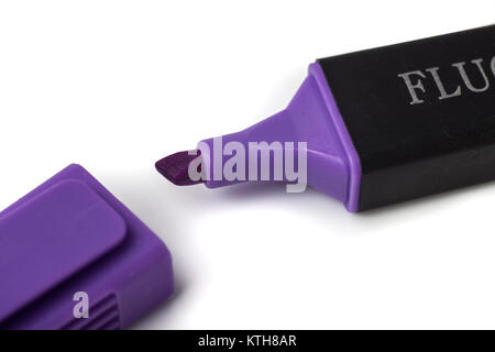Purple Highlighter Pen and Matching Lid on White Background Stock Photo
