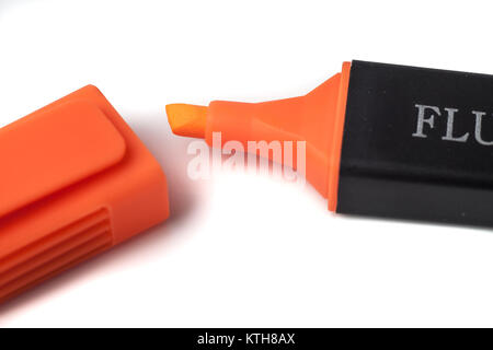 Orange Highlighter Pen and Matching Lid on White Background Stock Photo