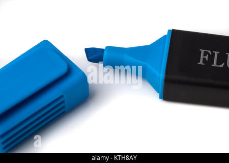 Blue Highlighter Pen and Matching Lid on White Background Stock Photo