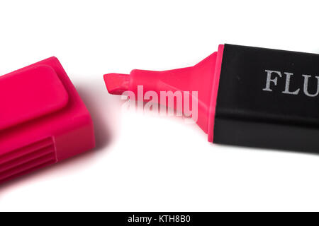 Pink Highlighter Pen and Matching Lid on White Background Stock Photo
