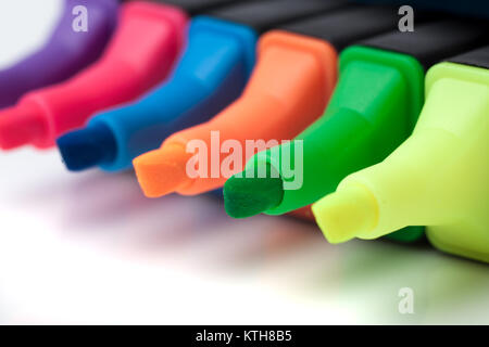 Set Of Highlighter Pens in a row on white background Stock Photo