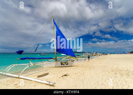 Nov 18,2017 Boats moored on the Puka beach in Boracay, Philippines Stock Photo