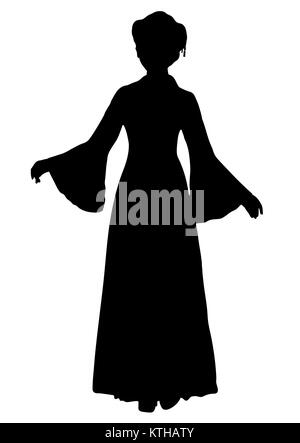 Girl in Chinese national costume silhouette, vector outline portrait, black and white contour drawing. Asian woman full-length in a hanfu, in a traditional dress robe, isolated on white background Stock Vector