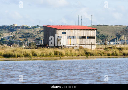 Wooden bird hide for birdwatchers or birdwatching at Playa Los Lances, wetlands, coast Tarifa, Andalusia, Spain Wooden bird hide for birdwatchers or birdwatching at Playa Los Lances, wetlands, coast Tarifa, Andalusia, Spain