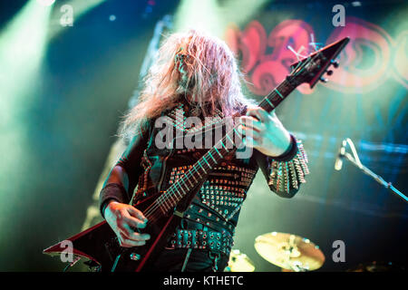 The Polish death metal band Vader performs a live concert at Rockefeller as part of the festival Inferno Metal Festival 2016 in Oslo. Here vocalist and guitarist Piotr “Peter” Wiwczarek is seen live on stage. Norway, 24/03 2016. Stock Photo