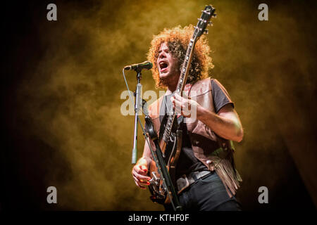 The Australian rock band Wolfmother performs a live concert at Sentrum Scene in Oslo. Here guitarist and singer Andrew Stockdale is seen live on stage. Norway, 05/05 2016. Stock Photo