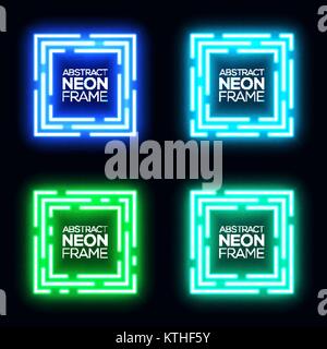 Neon light square banners set. Shining rectangle techno frame collection. Night club electric 3d banner on dark backdrop. Blue, green neon abstract background with glow. Technology vector illustration Stock Vector