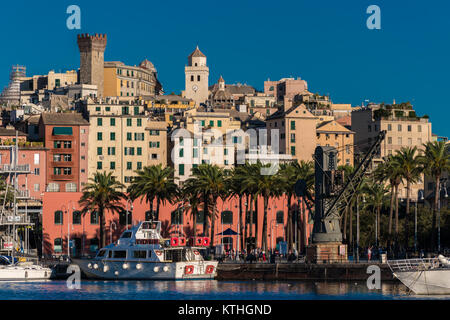 View of Genoa and the old neighborood called Castello; the tower on the top left is called Torre degli Embriaci Stock Photo