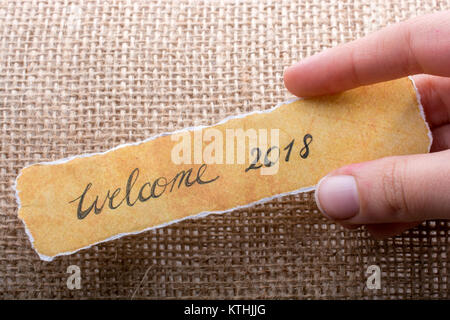 Welcome 2018 wording written on a torn paper in hand Stock Photo