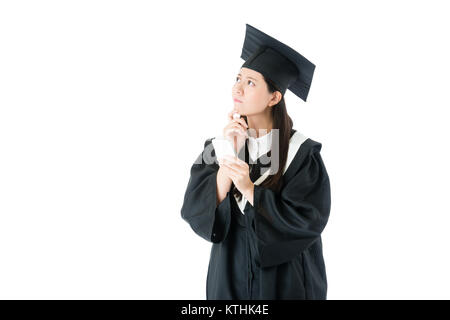 beautiful young college student woman finished studying successfully getting graduation and using mobile cell phone searching information to plan futu Stock Photo