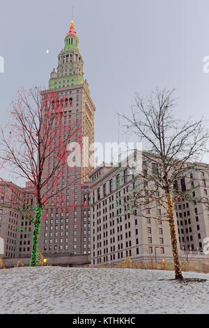 Tower City in downtown Cleveland, Ohio, USA has its upper floors lit in green and red to celebrate the Christmas holiday on December 25, 2017. Stock Photo