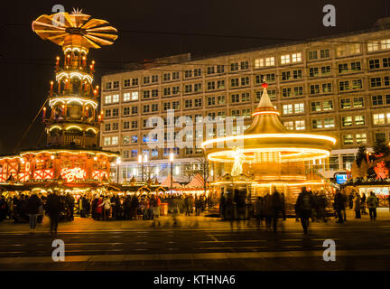 German Christmas Pyramids ( Weihnachtspyramide ) at the Christmas market at Alexanderplatz in Berlin, Germany.  December 2017 Stock Photo