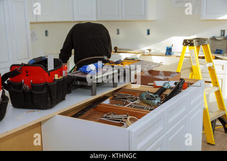 Home Improvement Kitchen Remodel view installed in a new kitchen cabinets installation Stock Photo