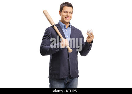 Elegant guy holding a baseball bat and a ball isolated on white background Stock Photo