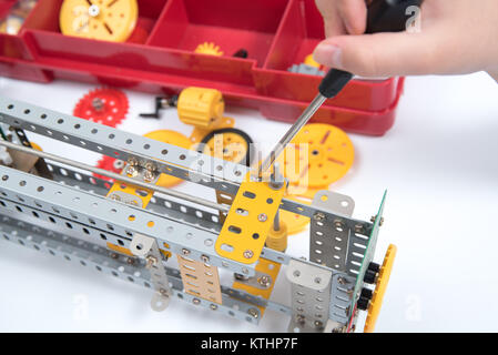 Kids construction toys tools , Colorful toy tools, construction on white background. Top view. Stock Photo