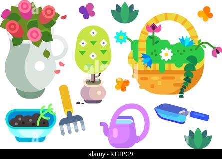 Isolated Icon Set of Garden Equipment in Flat Style Stock Vector