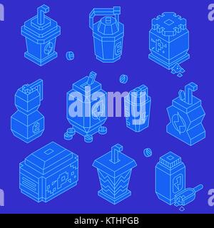Isometric Line Vector Icons Set of Sport Drink Bottles and Nutrition Boxes Stock Vector