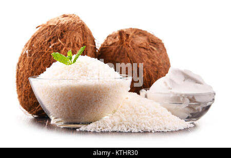 Composition with shredded coconut and shells isolated on white background Stock Photo