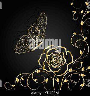 Gold floral pattern and butterfly on black background Stock Vector