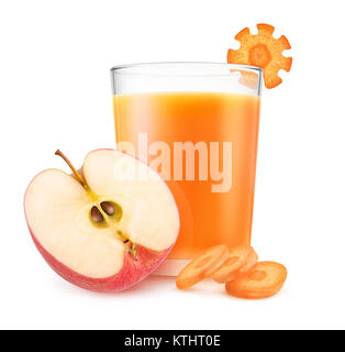 Isolated drink. Pieces of red apple and fresh carrot and glass of fruit juice isolated on white background with clipping path Stock Photo