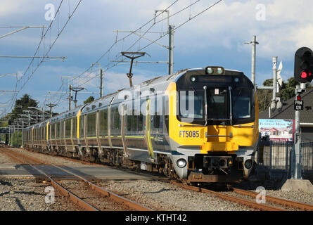 Four two car Matangi electric multiple units on Waikanae to Wellington passenger train arriving at Paraparaumu railway station on 30th November 2017. Stock Photo