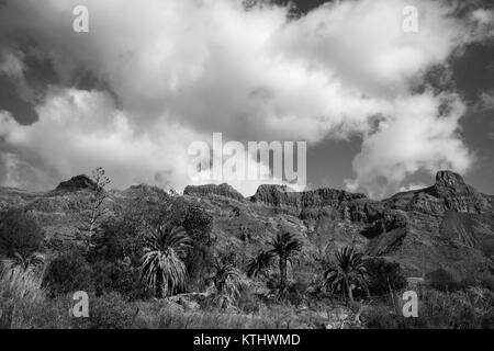 Black and white photo of mountains and cloudy sky in Gran Canaria, Canary Islands, Spain Stock Photo