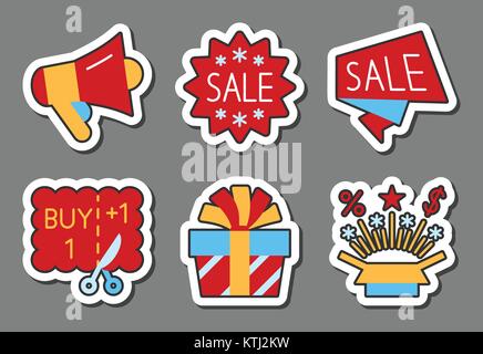 Season sale icon sticker set. Flat style color clearance badges, web, banner, business, emblem, print, tag, ad, label, poster, gift card offer coupon  Stock Vector
