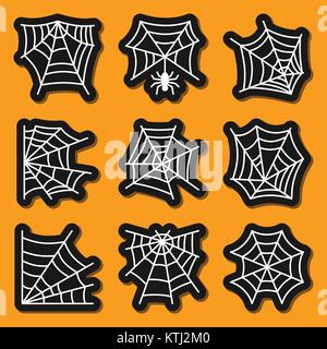 Spider web icon sticker set. Cobweb white on black badges Spiderweb  print, poster, label isolated element collection Patchwork, scrapbook drawing cut Stock Vector