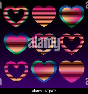 Set of bold neon glowing stripe hearts. 80s style Stock Vector